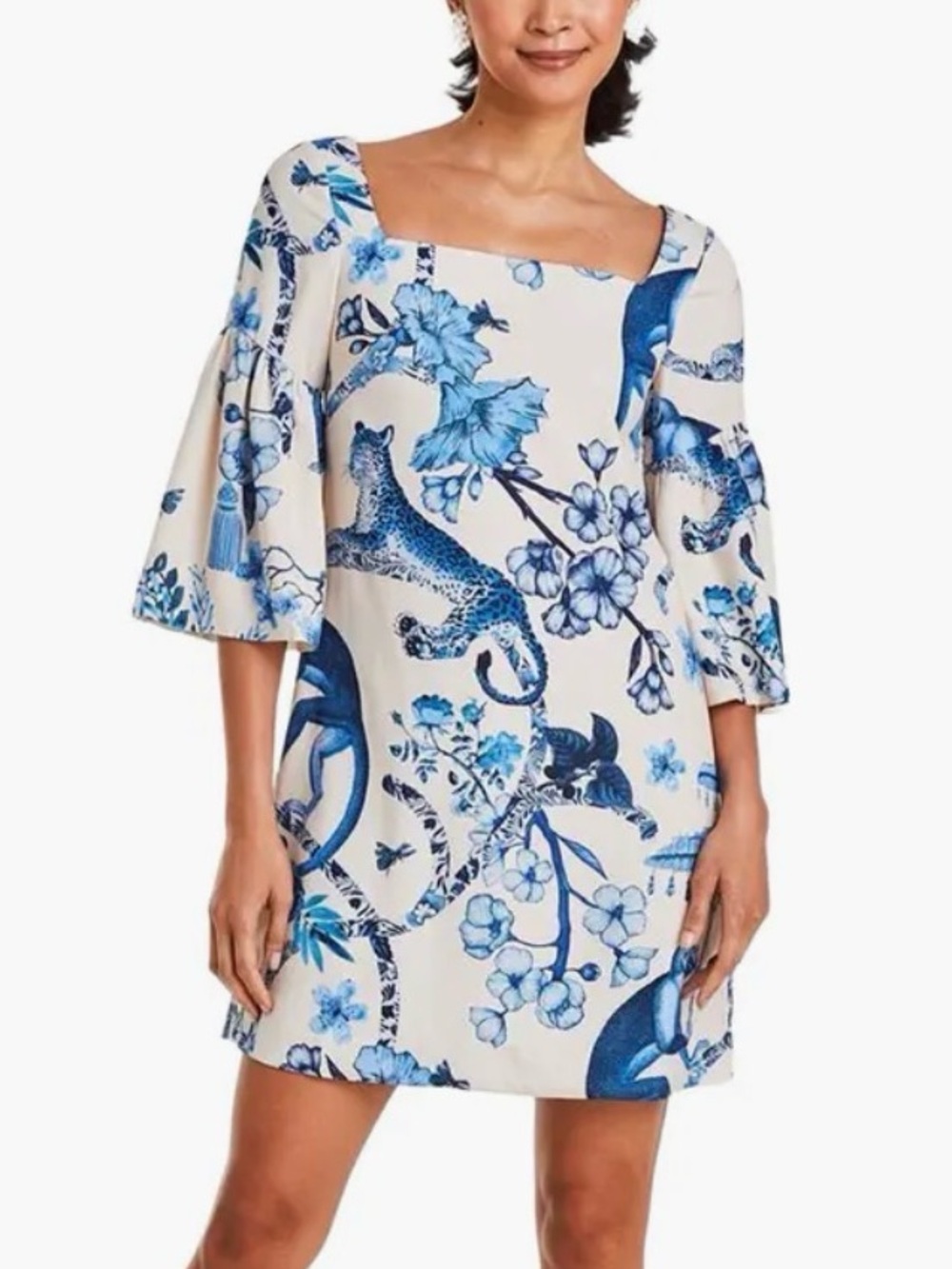 Blue Floral & Leopard Print Mini Dress - Square Neck